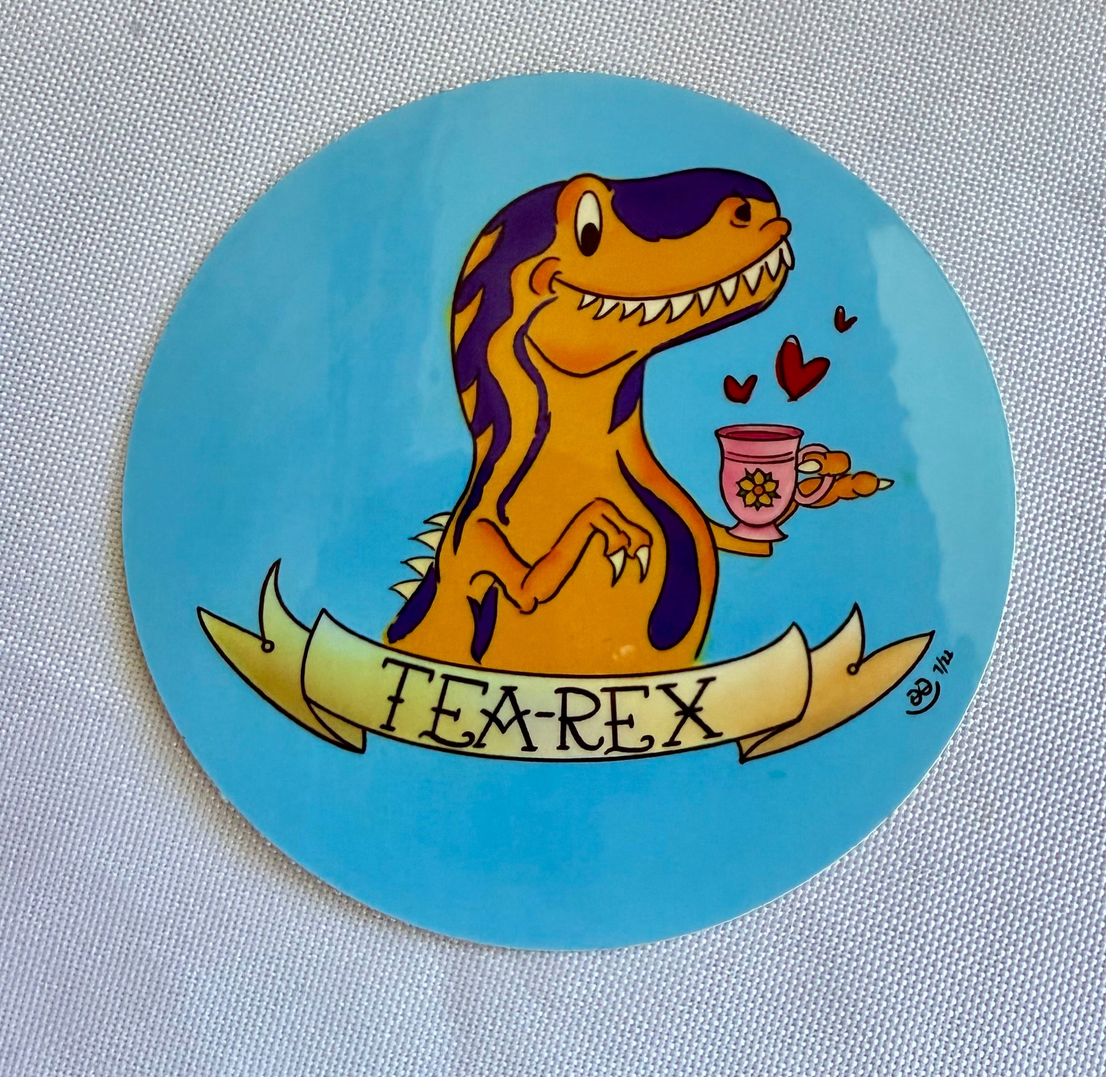 Punny Dino Vinyl Sticker - “Tea-Rex”