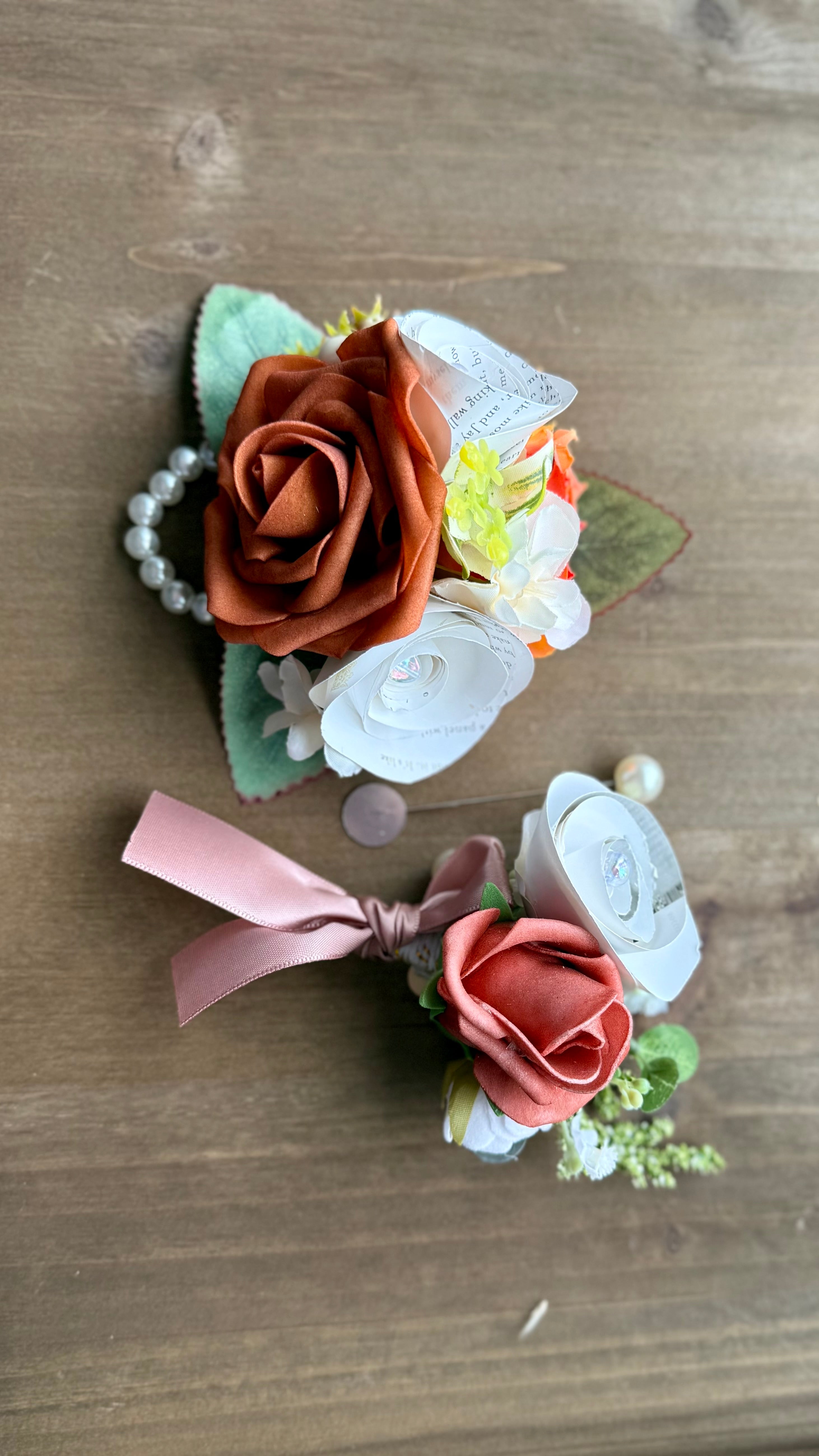 Handmade Literary Wrist Corsage and Boutonnière / Pocket Square| Recycled Book Page Flowers with Terracotta & Pearl Bracelet | Unique Prom, Homecoming & Bridesmaid Accessory