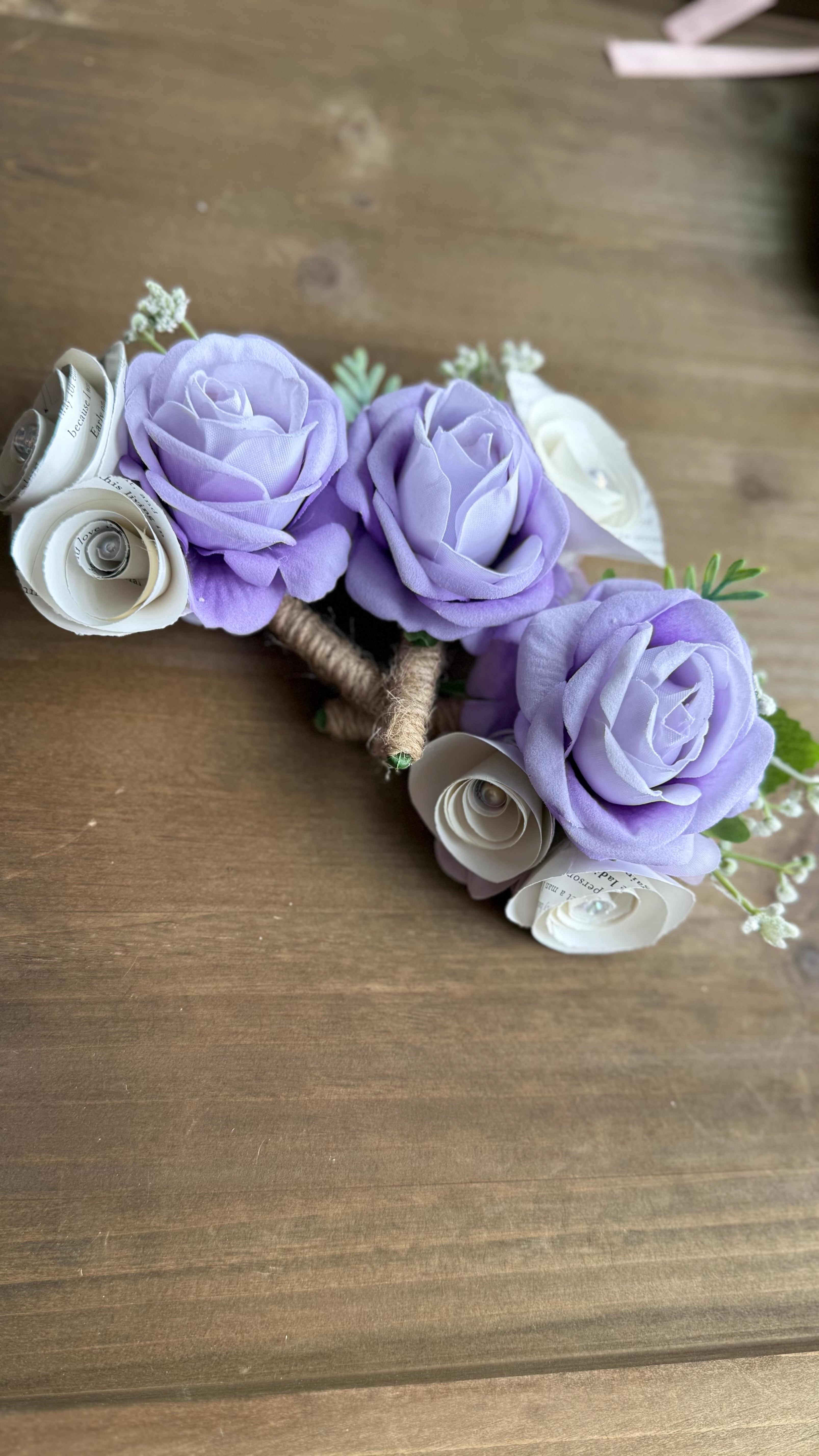 Handmade Literary Wrist Corsage and Boutonnière / Pocket Square| Recycled Book Page Flowers with Lavender & Pearl Bracelet | Unique Prom, Homecoming & Bridesmaid Accessory