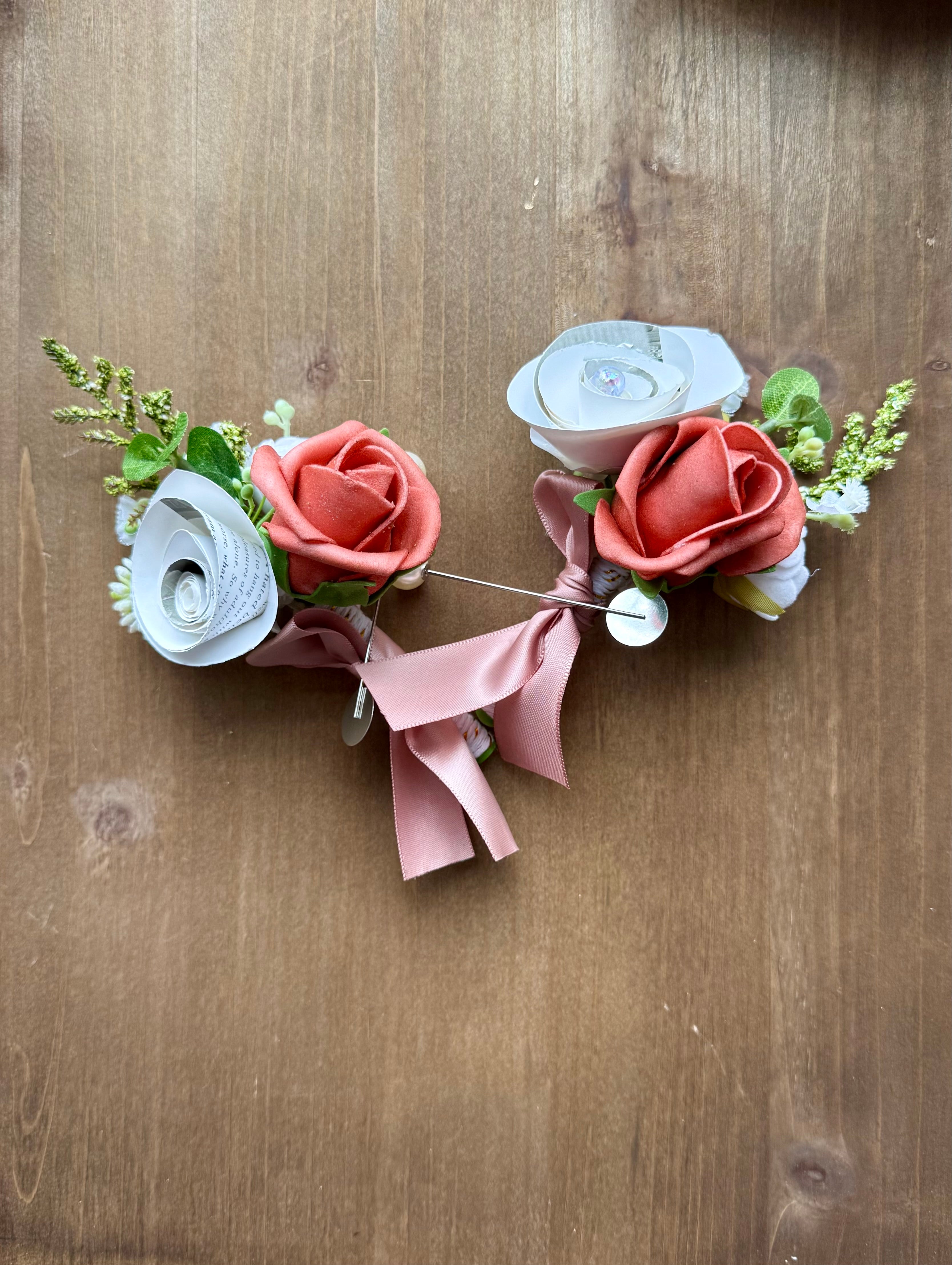 Handmade Literary Wrist Corsage and Boutonnière / Pocket Square| Recycled Book Page Flowers with Terracotta & Pearl Bracelet | Unique Prom, Homecoming & Bridesmaid Accessory