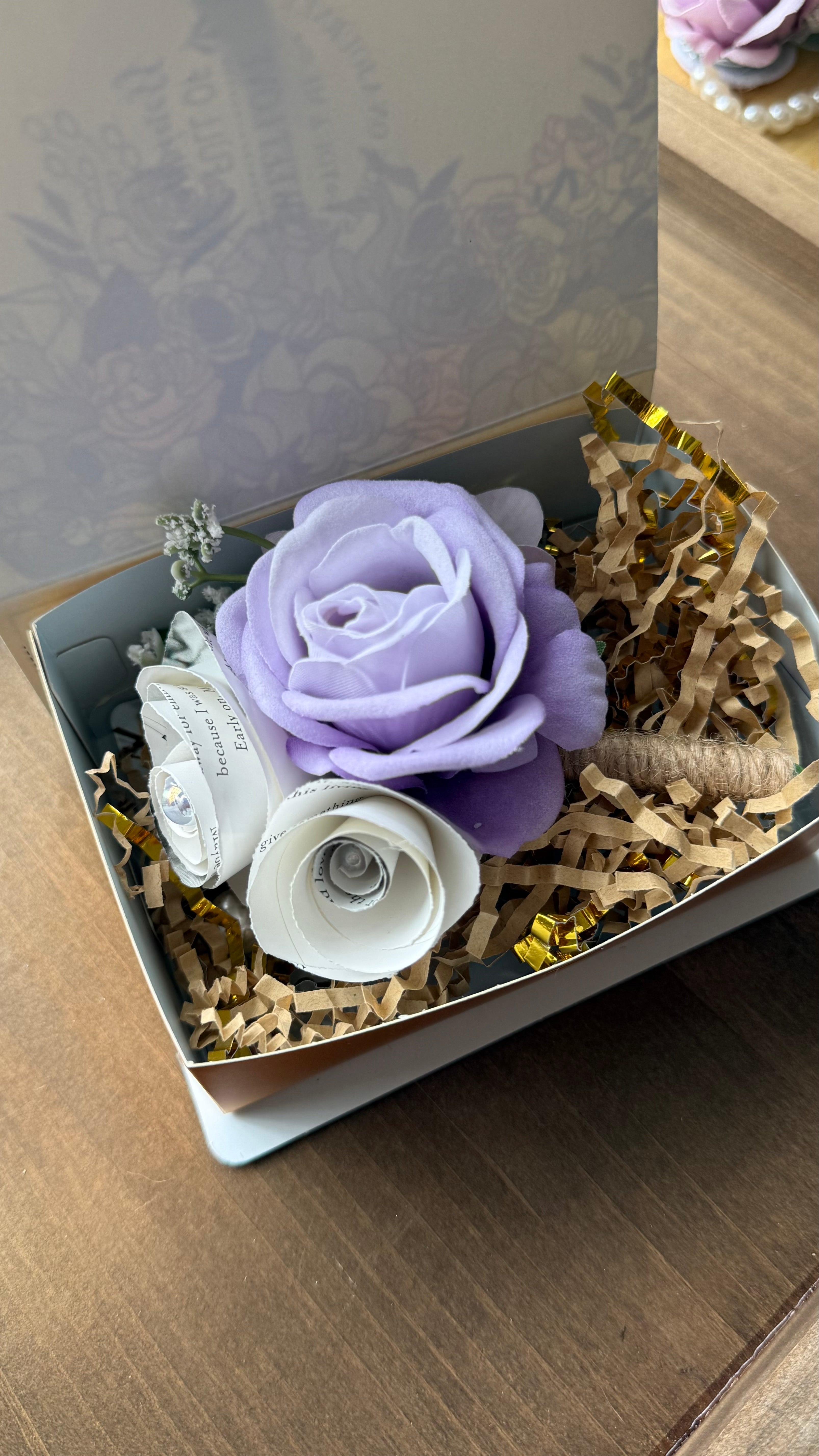 Handmade Literary Wrist Corsage and Boutonnière / Pocket Square| Recycled Book Page Flowers with Lavender & Pearl Bracelet | Unique Prom, Homecoming & Bridesmaid Accessory