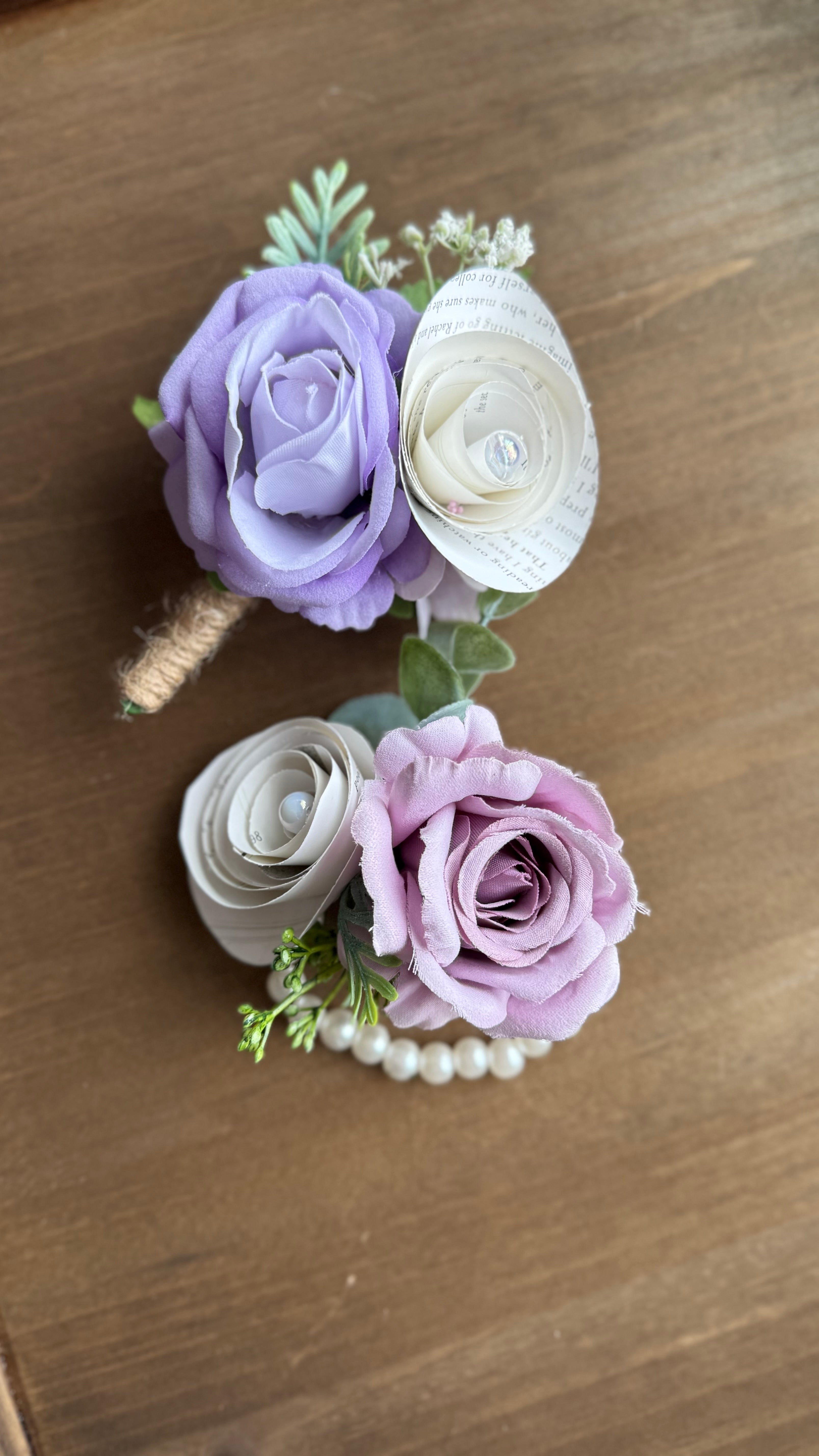 Handmade Literary Wrist Corsage and Boutonnière / Pocket Square| Recycled Book Page Flowers with Lavender & Pearl Bracelet | Unique Prom, Homecoming & Bridesmaid Accessory