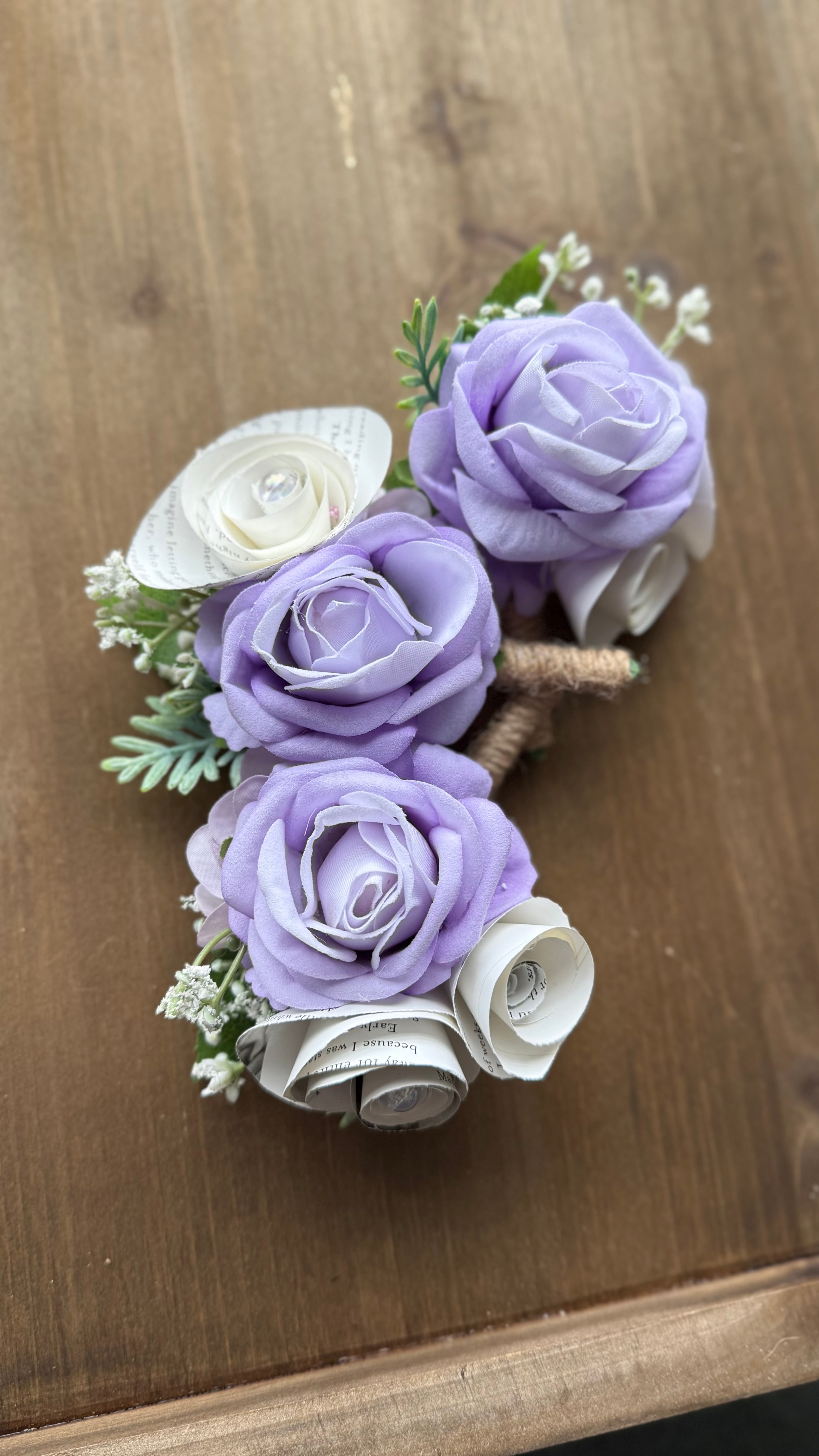 Handmade Literary Wrist Corsage and Boutonnière / Pocket Square| Recycled Book Page Flowers with Lavender & Pearl Bracelet | Unique Prom, Homecoming & Bridesmaid Accessory