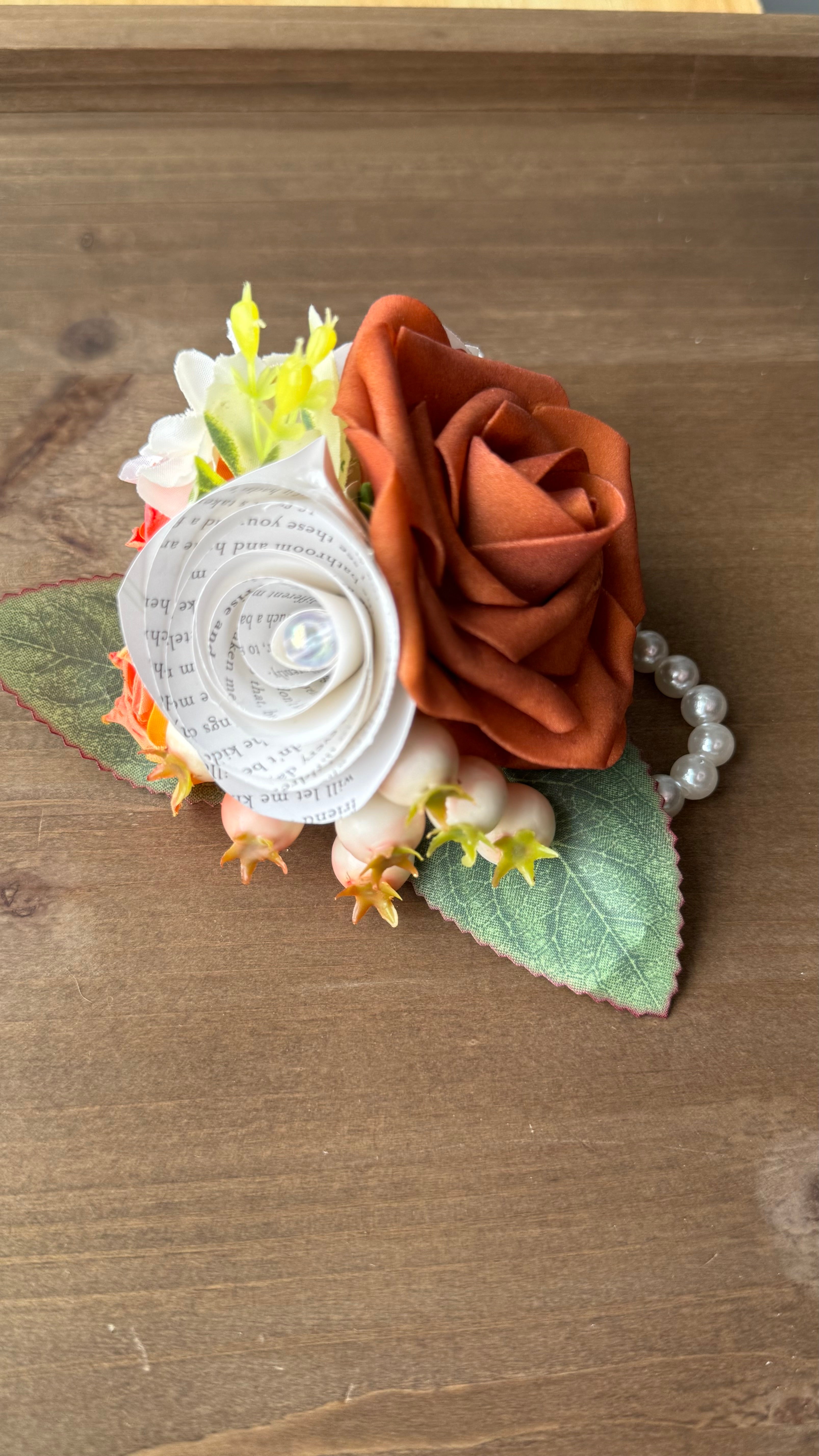 Handmade Literary Wrist Corsage and Boutonnière / Pocket Square| Recycled Book Page Flowers with Terracotta & Pearl Bracelet | Unique Prom, Homecoming & Bridesmaid Accessory