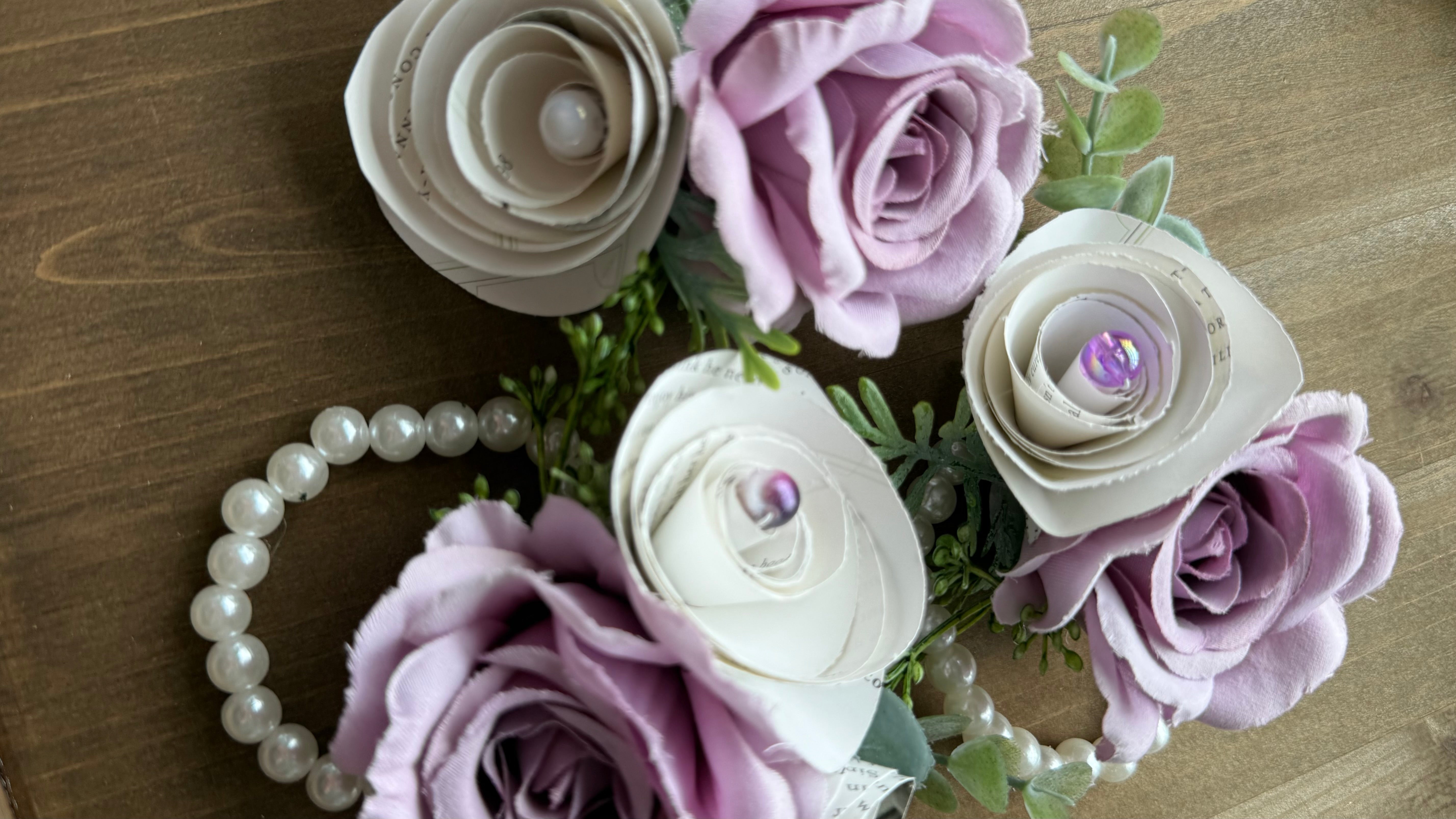 Handmade Literary Wrist Corsage and Boutonnière / Pocket Square| Recycled Book Page Flowers with Lavender & Pearl Bracelet | Unique Prom, Homecoming & Bridesmaid Accessory