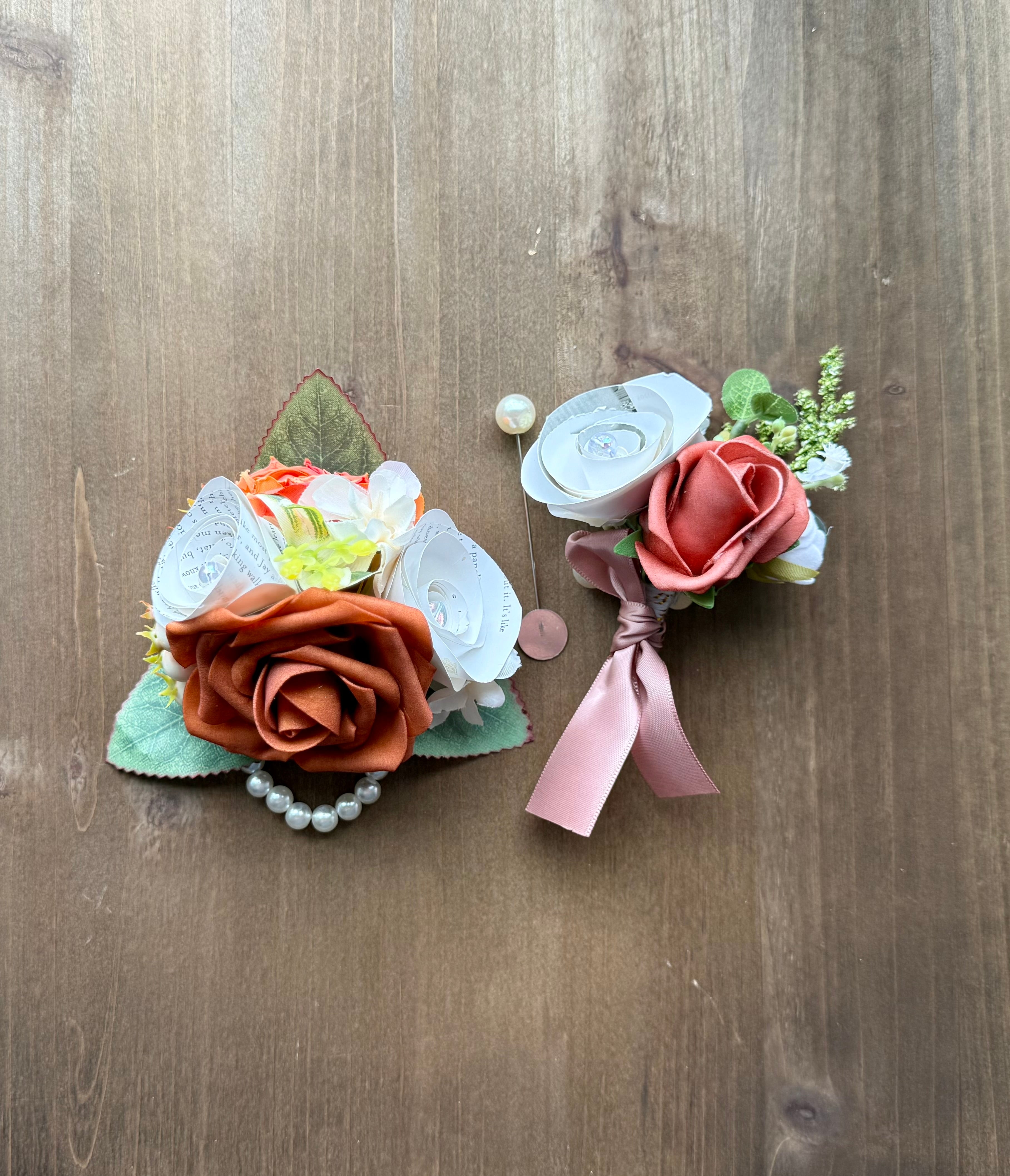 Handmade Literary Wrist Corsage and Boutonnière / Pocket Square| Recycled Book Page Flowers with Terracotta & Pearl Bracelet | Unique Prom, Homecoming & Bridesmaid Accessory