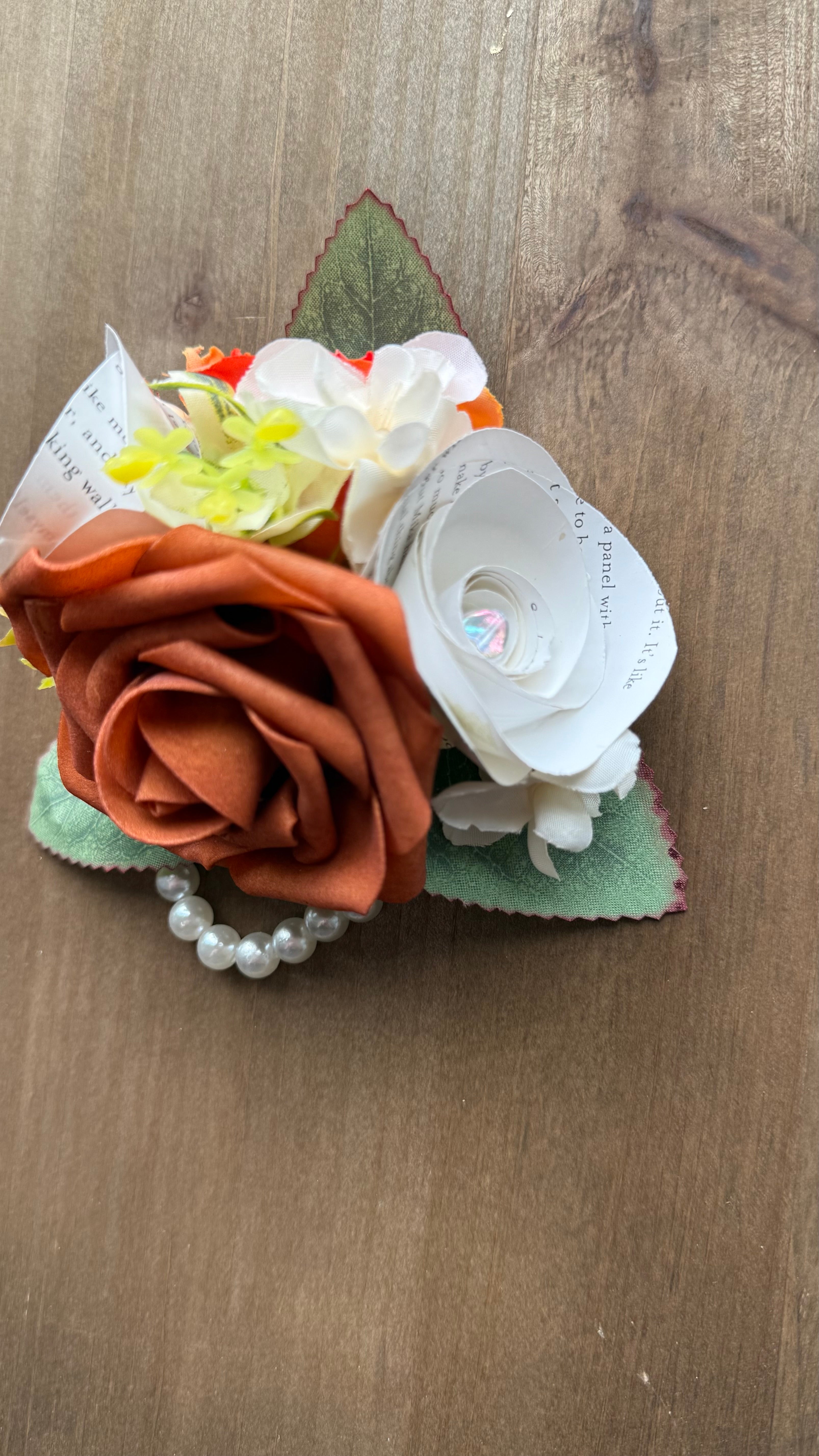 Handmade Literary Wrist Corsage and Boutonnière / Pocket Square| Recycled Book Page Flowers with Terracotta & Pearl Bracelet | Unique Prom, Homecoming & Bridesmaid Accessory
