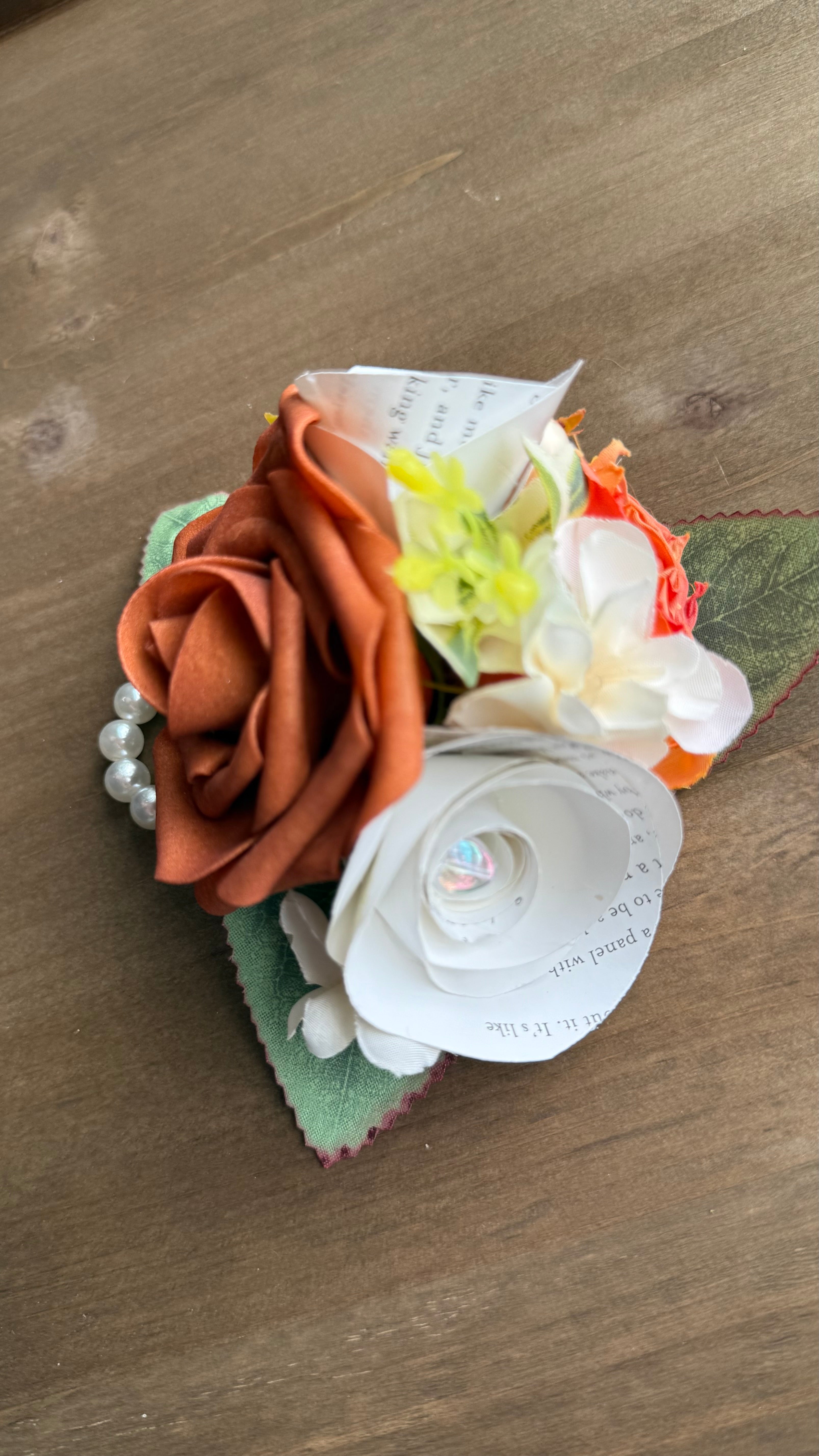Handmade Literary Wrist Corsage and Boutonnière / Pocket Square| Recycled Book Page Flowers with Terracotta & Pearl Bracelet | Unique Prom, Homecoming & Bridesmaid Accessory