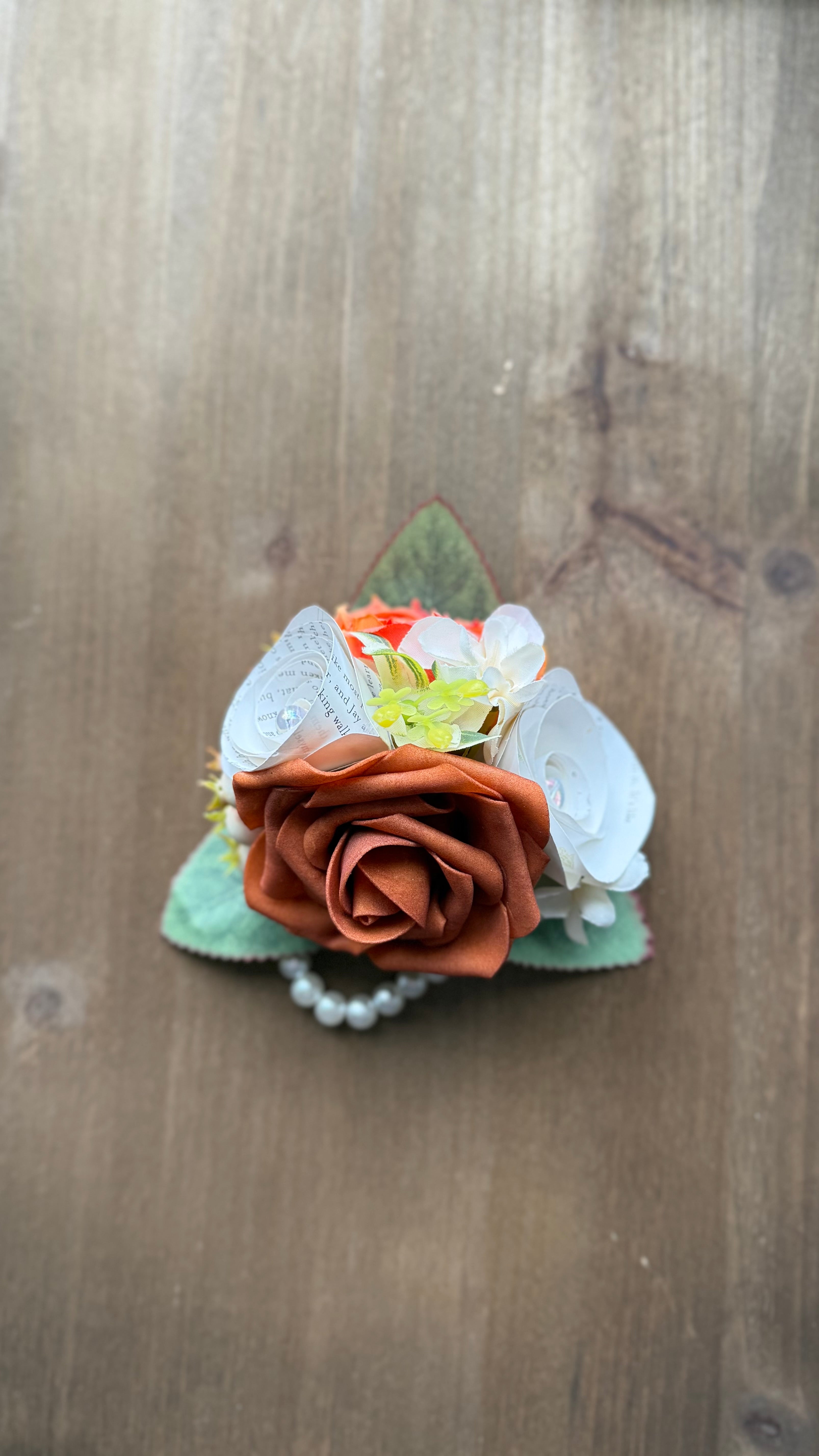 Handmade Literary Wrist Corsage and Boutonnière / Pocket Square| Recycled Book Page Flowers with Terracotta & Pearl Bracelet | Unique Prom, Homecoming & Bridesmaid Accessory