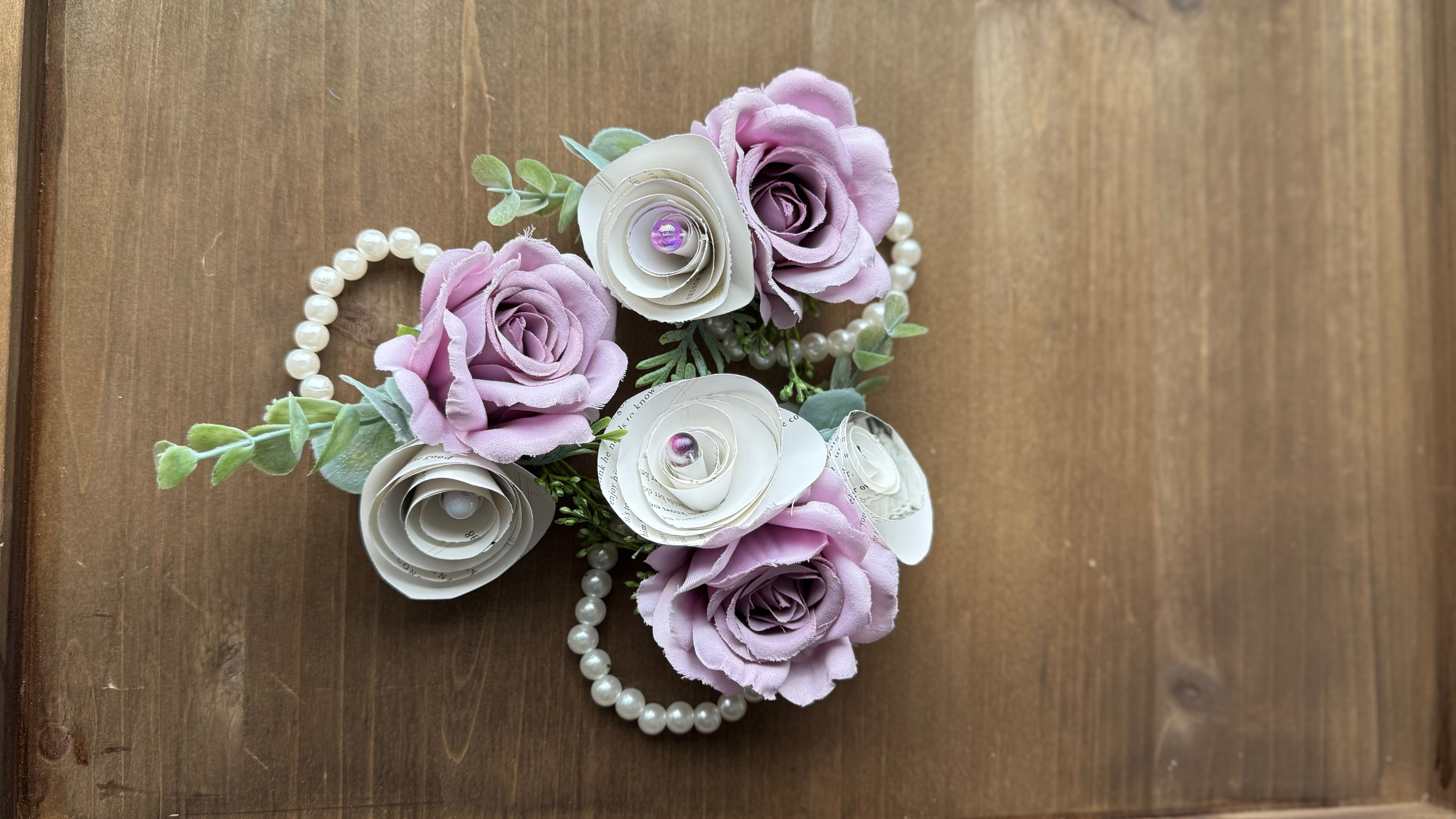 Handmade Literary Wrist Corsage and Boutonnière / Pocket Square| Recycled Book Page Flowers with Lavender & Pearl Bracelet | Unique Prom, Homecoming & Bridesmaid Accessory