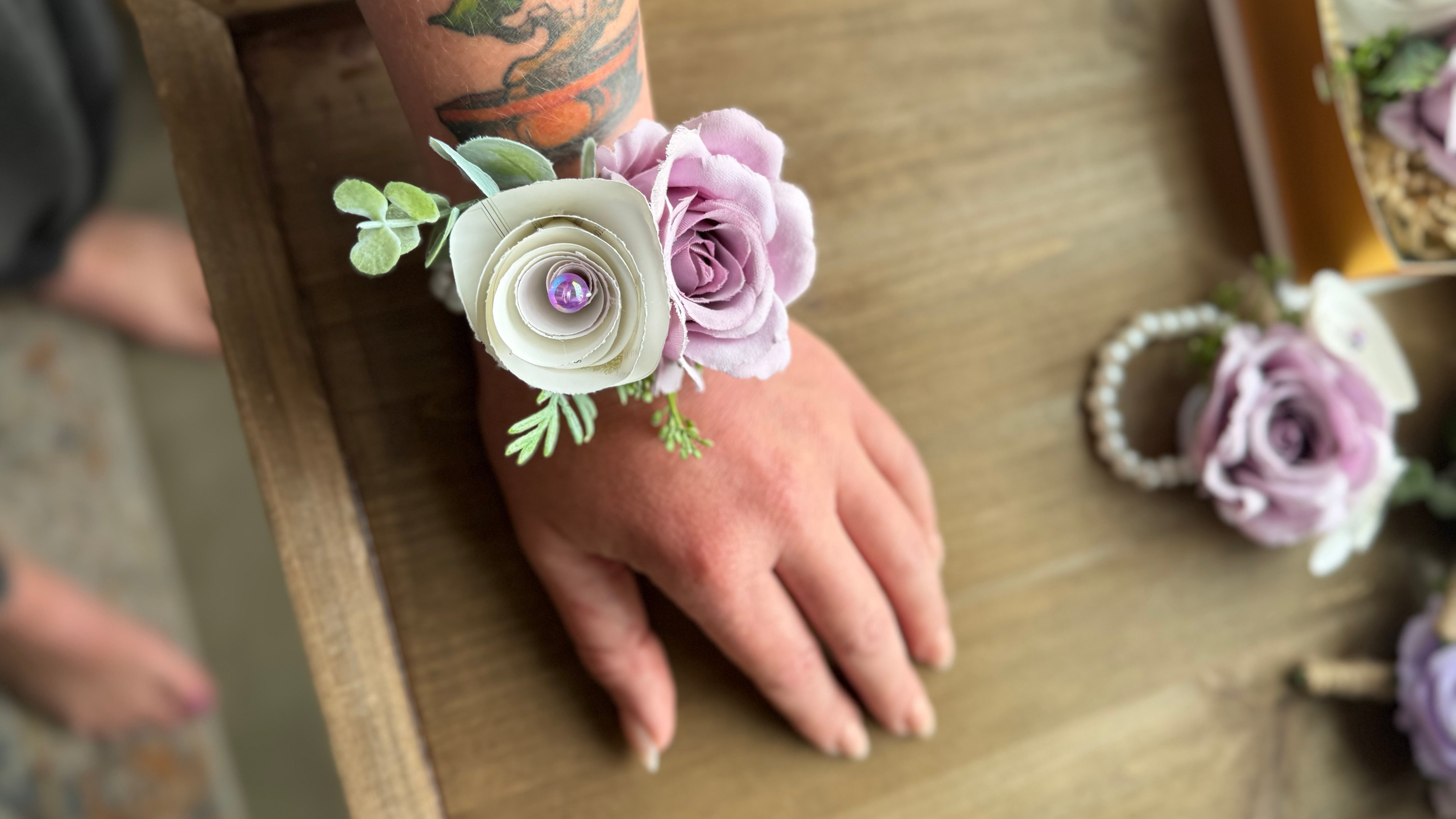 Handmade Literary Wrist Corsage and Boutonnière / Pocket Square| Recycled Book Page Flowers with Lavender & Pearl Bracelet | Unique Prom, Homecoming & Bridesmaid Accessory