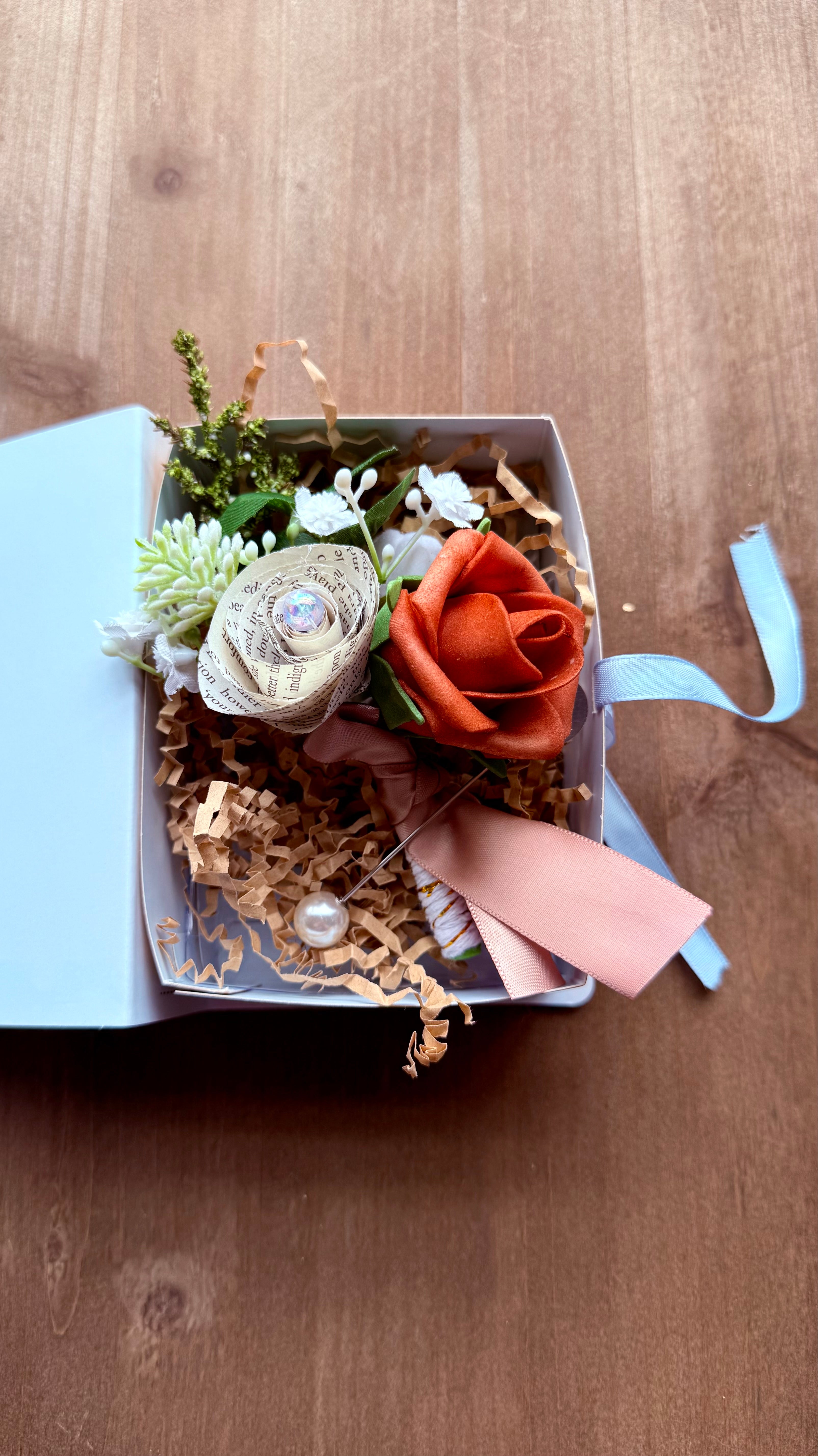 Handmade Literary Wrist Corsage and Boutonnière / Pocket Square| Recycled Book Page Flowers with Terracotta & Pearl Bracelet | Unique Prom, Homecoming & Bridesmaid Accessory