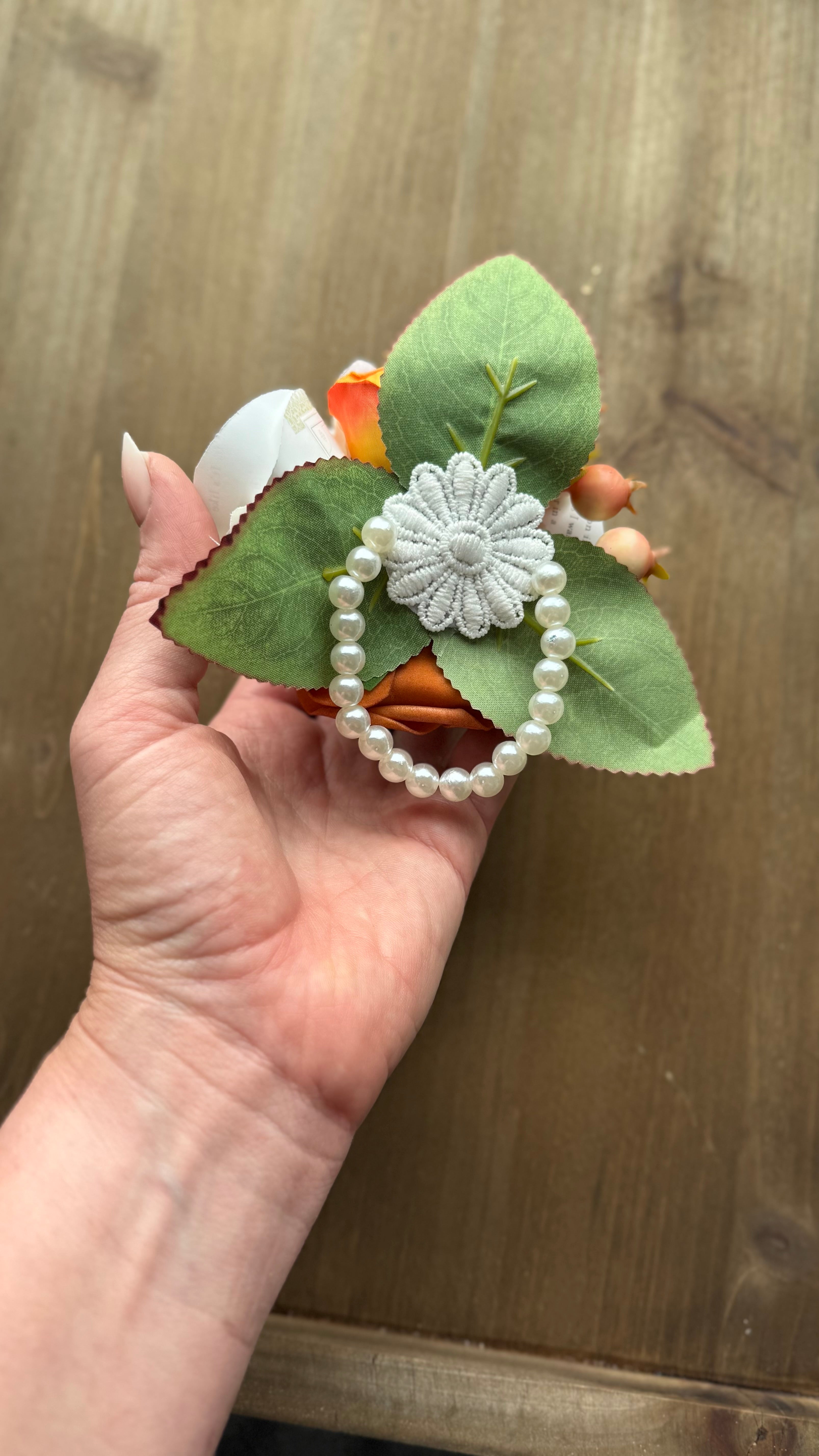 Handmade Literary Wrist Corsage and Boutonnière / Pocket Square| Recycled Book Page Flowers with Terracotta & Pearl Bracelet | Unique Prom, Homecoming & Bridesmaid Accessory