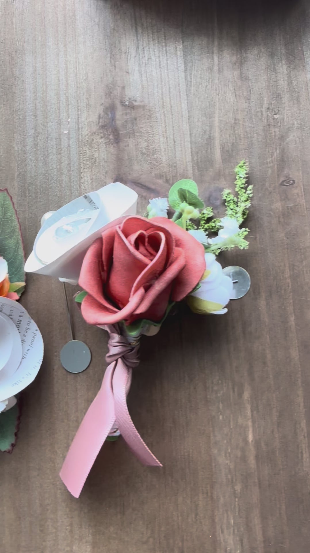 Handmade Literary Wrist Corsage and Boutonnière / Pocket Square| Recycled Book Page Flowers with Terracotta & Pearl Bracelet | Unique Prom, Homecoming & Bridesmaid Accessory