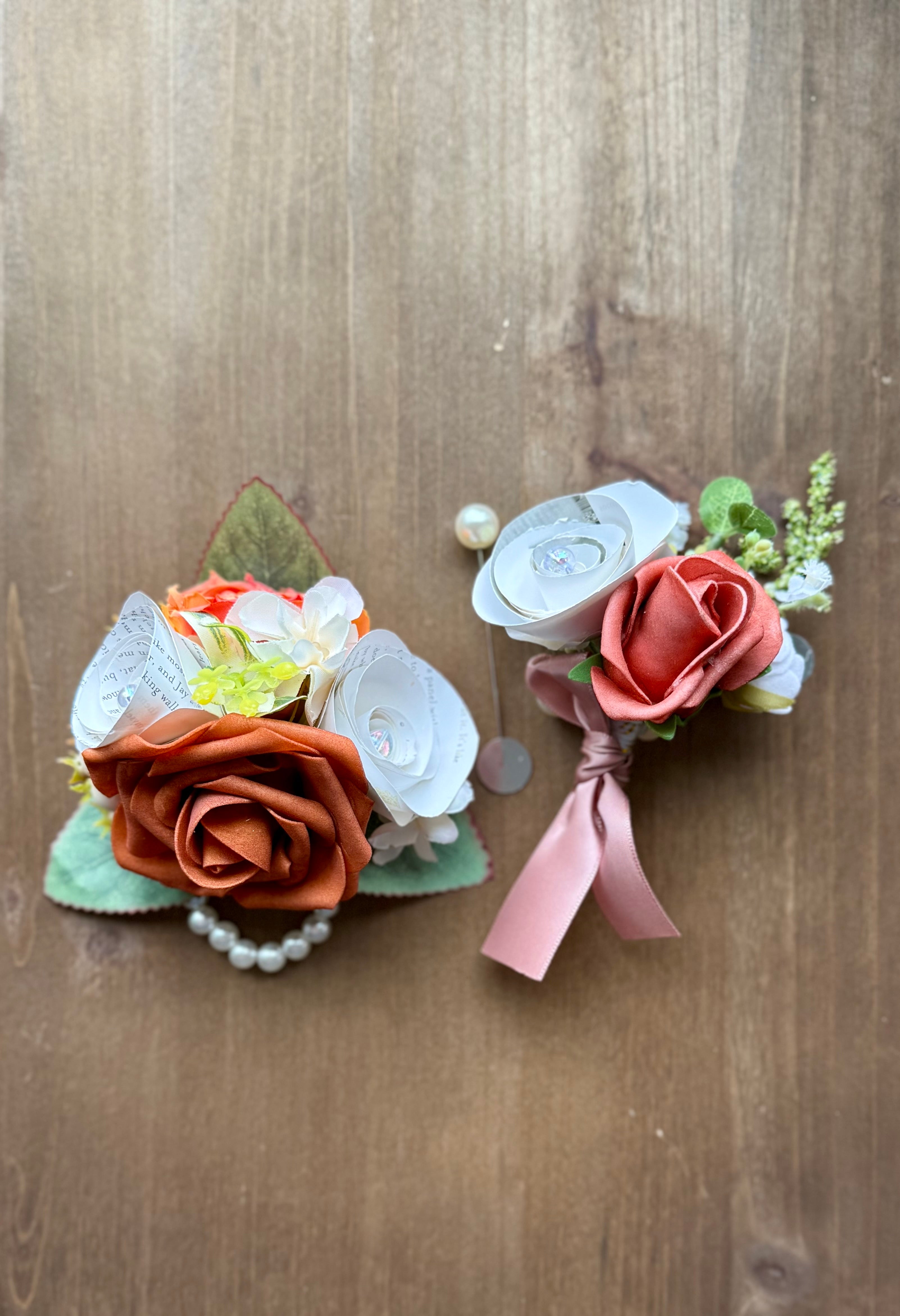 Handmade Literary Wrist Corsage and Boutonnière / Pocket Square| Recycled Book Page Flowers with Terracotta & Pearl Bracelet | Unique Prom, Homecoming & Bridesmaid Accessory