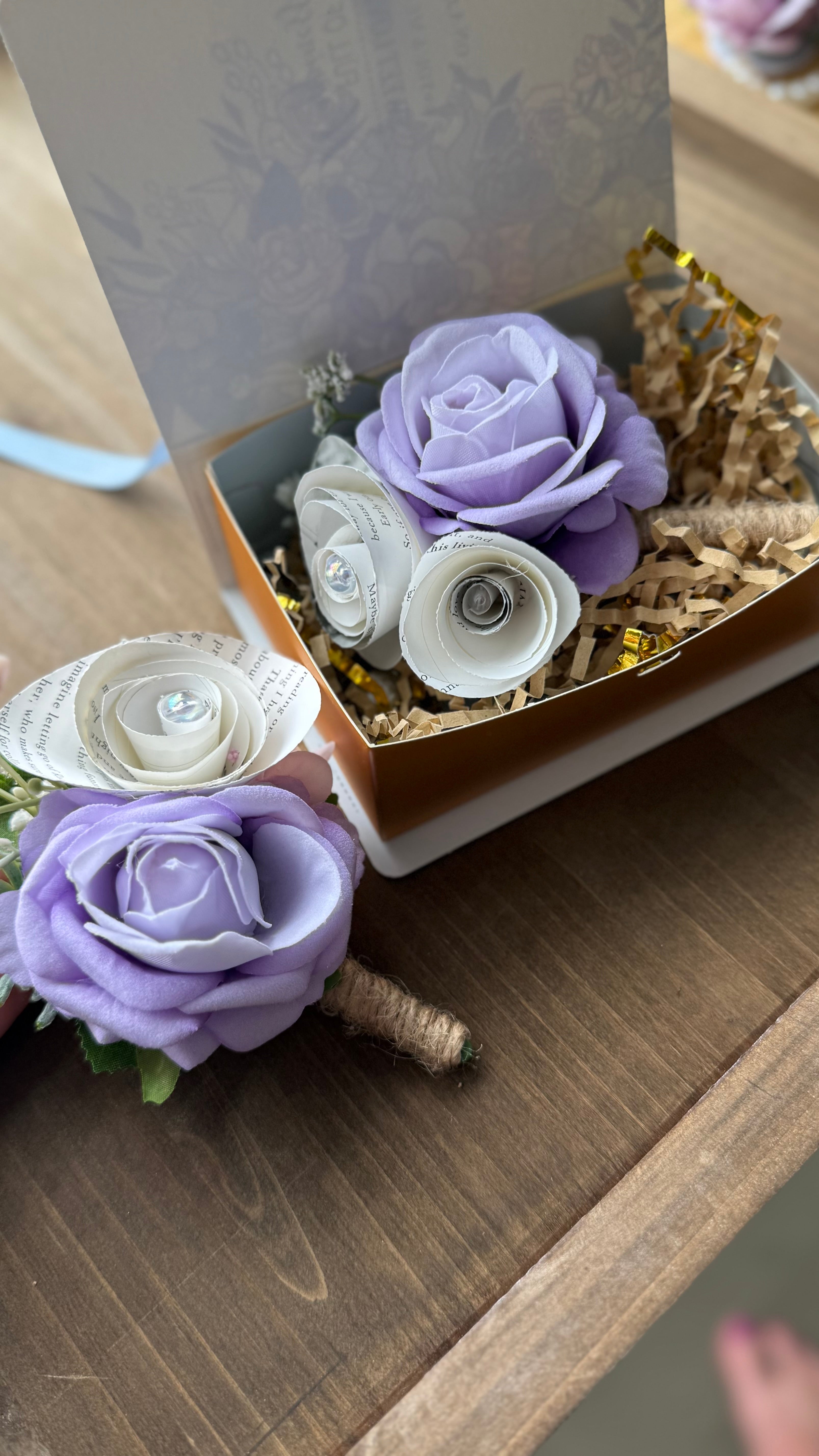 Handmade Literary Wrist Corsage and Boutonnière / Pocket Square| Recycled Book Page Flowers with Lavender & Pearl Bracelet | Unique Prom, Homecoming & Bridesmaid Accessory