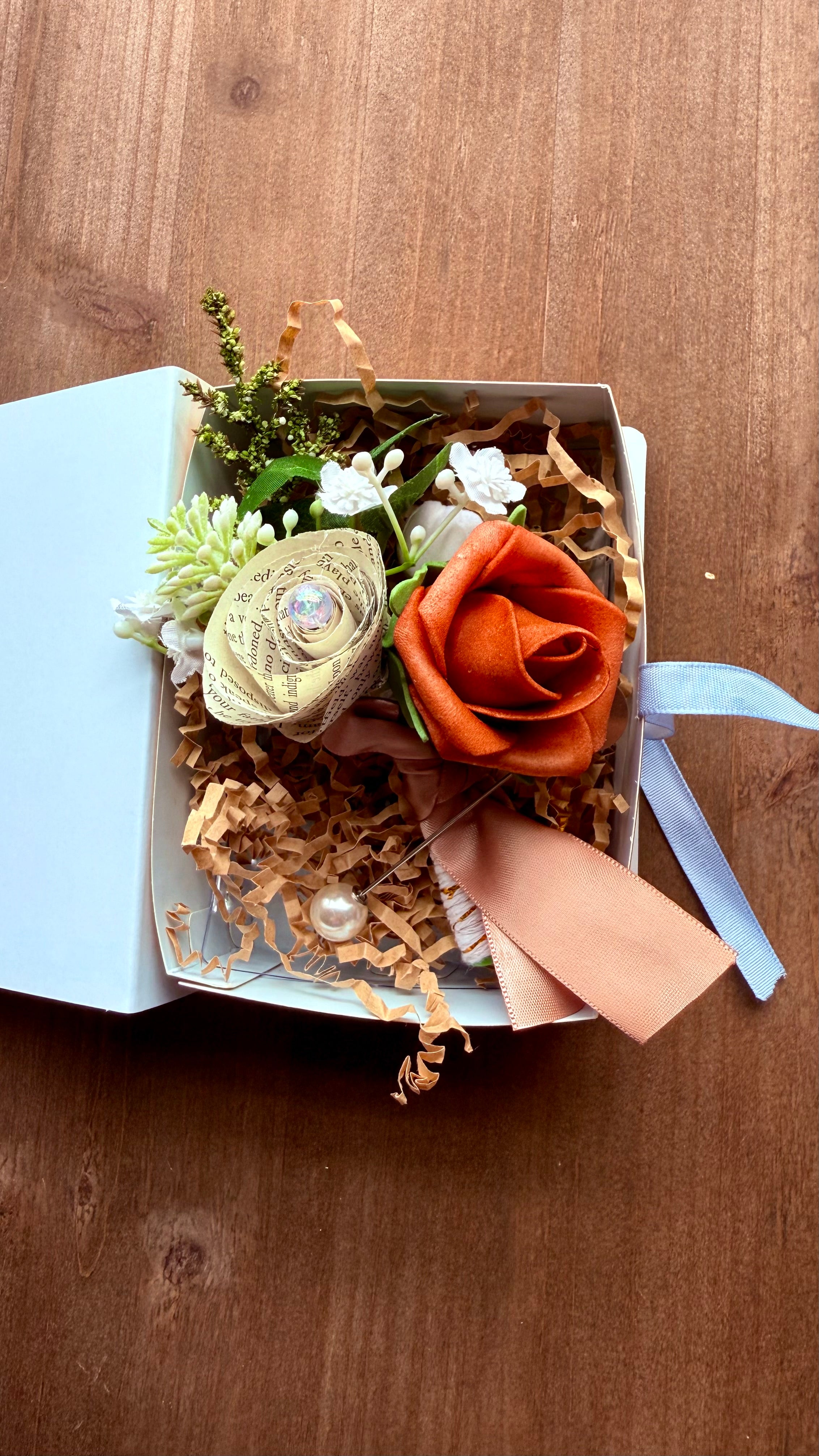 Handmade Literary Wrist Corsage and Boutonnière / Pocket Square| Recycled Book Page Flowers with Terracotta & Pearl Bracelet | Unique Prom, Homecoming & Bridesmaid Accessory