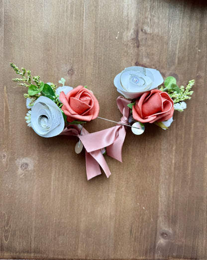Handmade Literary Wrist Corsage and Boutonnière / Pocket Square| Recycled Book Page Flowers with Terracotta & Pearl Bracelet | Unique Prom, Homecoming & Bridesmaid Accessory