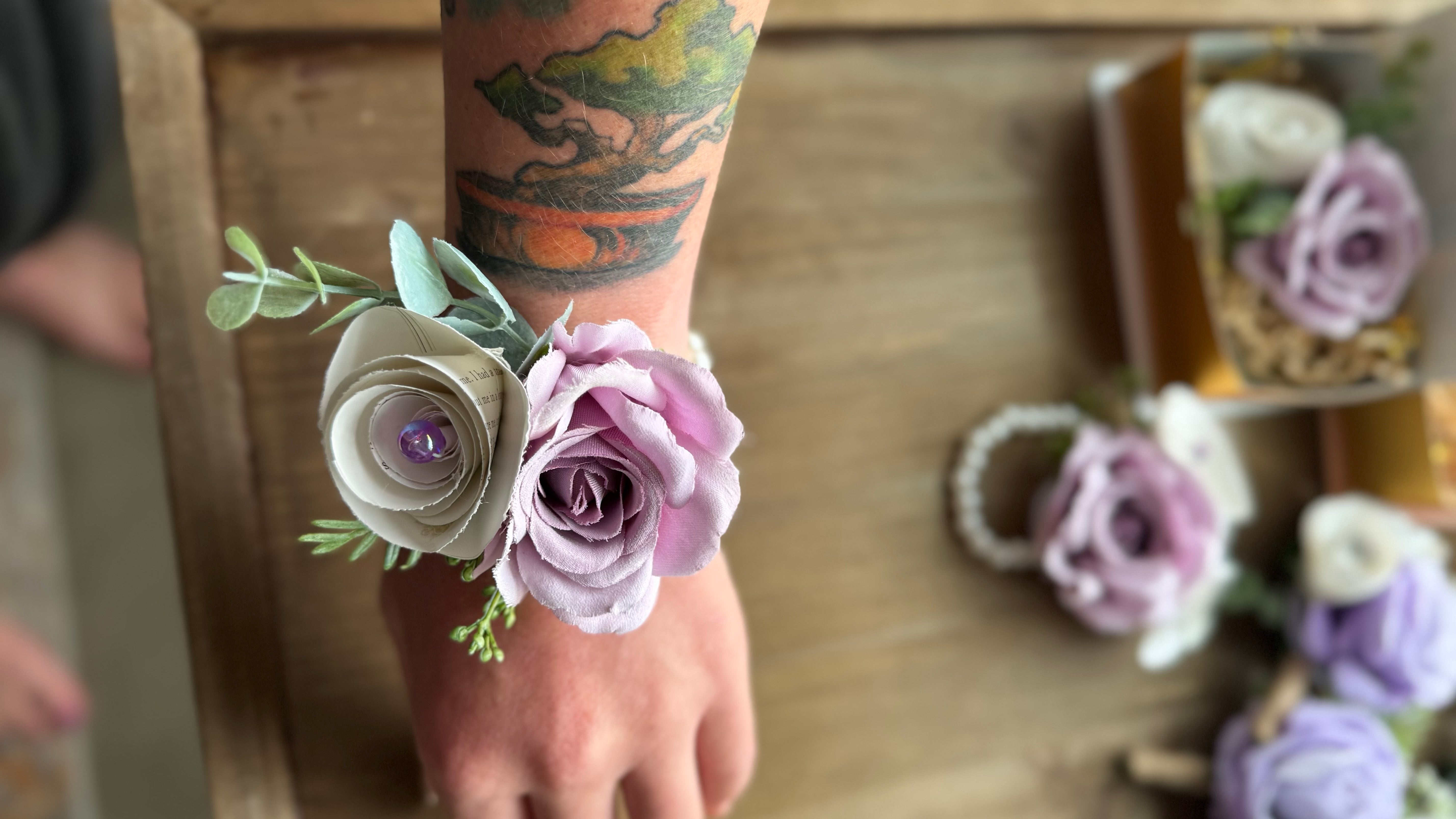Handmade Literary Wrist Corsage and Boutonnière / Pocket Square| Recycled Book Page Flowers with Lavender & Pearl Bracelet | Unique Prom, Homecoming & Bridesmaid Accessory