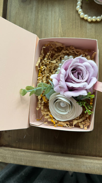 Handmade Literary Wrist Corsage and Boutonnière / Pocket Square| Recycled Book Page Flowers with Lavender & Pearl Bracelet | Unique Prom, Homecoming & Bridesmaid Accessory