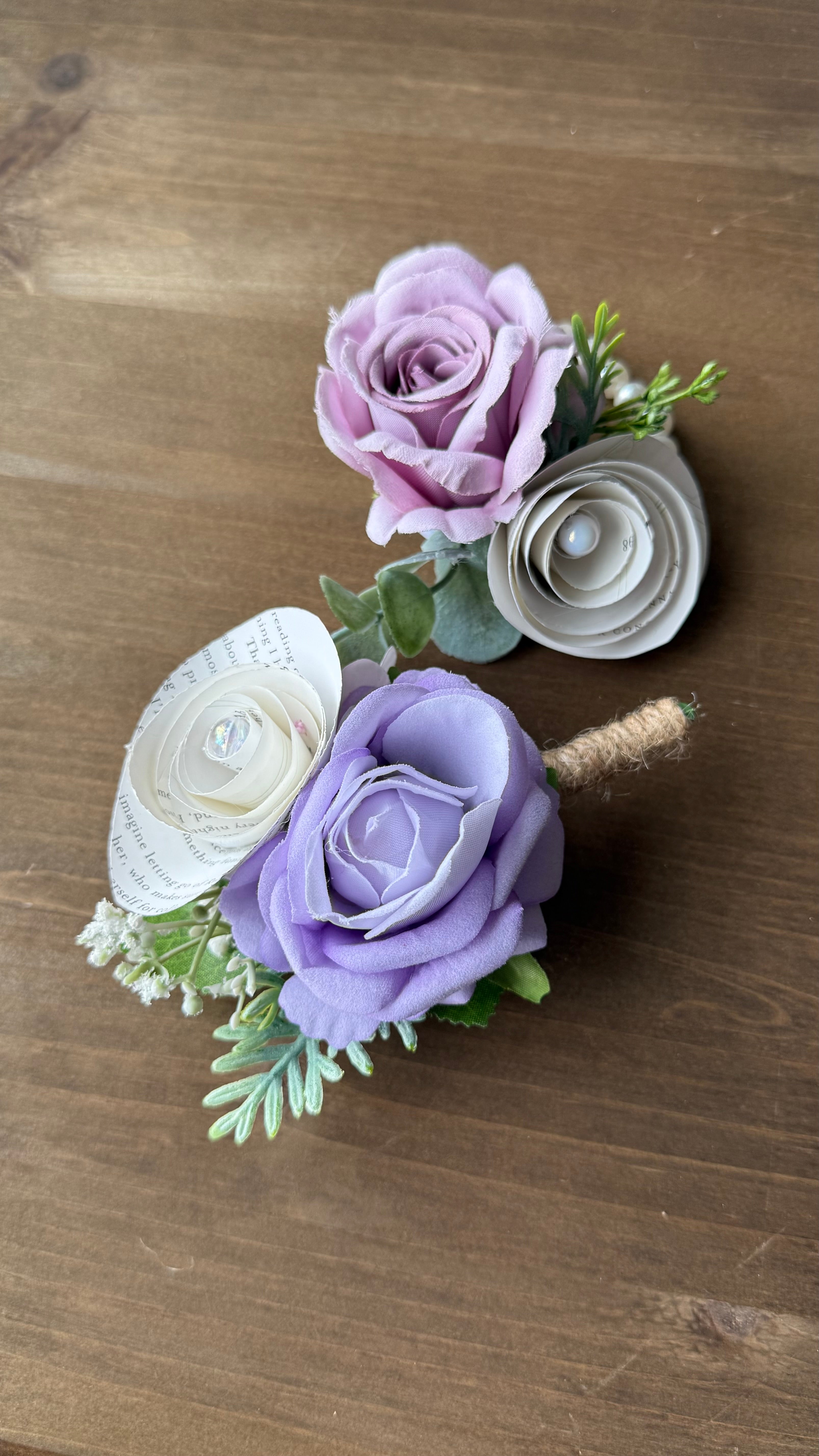 Handmade Literary Wrist Corsage and Boutonnière / Pocket Square| Recycled Book Page Flowers with Lavender & Pearl Bracelet | Unique Prom, Homecoming & Bridesmaid Accessory