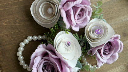 Handmade Literary Wrist Corsage and Boutonnière / Pocket Square| Recycled Book Page Flowers with Lavender & Pearl Bracelet | Unique Prom, Homecoming & Bridesmaid Accessory