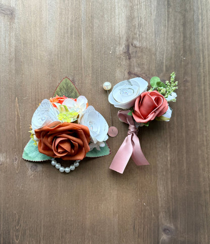 Handmade Literary Wrist Corsage and Boutonnière / Pocket Square| Recycled Book Page Flowers with Terracotta & Pearl Bracelet | Unique Prom, Homecoming & Bridesmaid Accessory