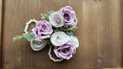 Handmade Literary Wrist Corsage and Boutonnière / Pocket Square| Recycled Book Page Flowers with Lavender & Pearl Bracelet | Unique Prom, Homecoming & Bridesmaid Accessory