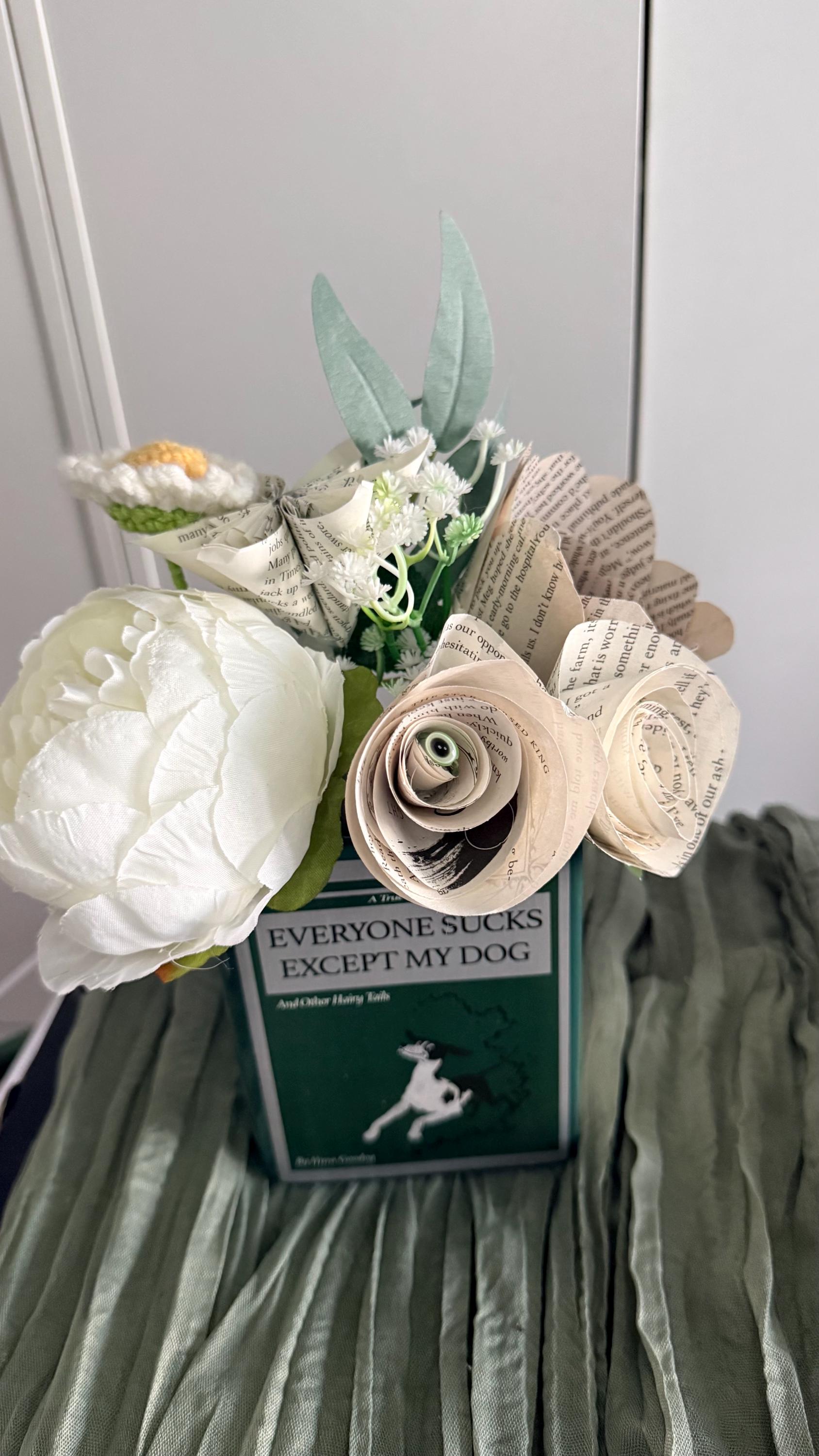 Book Vase Bouquet – “Everyone Sucks Except My Dog” Recycled Book Flowers