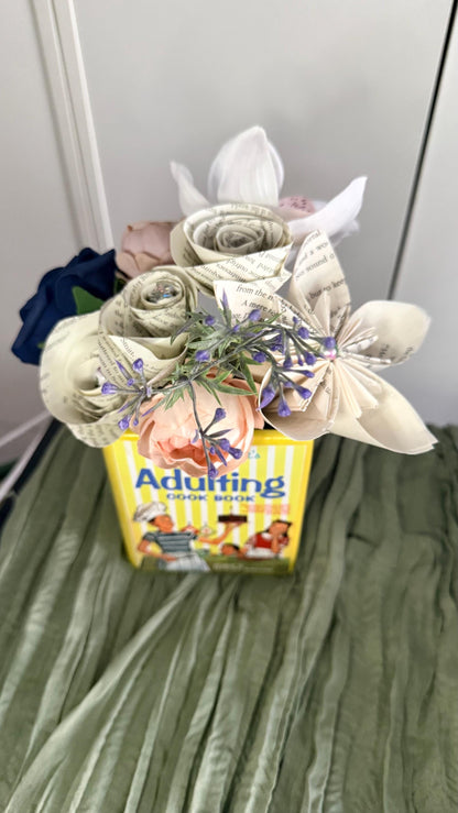 Adulting Cook Book – Vase – Betty Crockpot Parody, Recycled Book Flowers