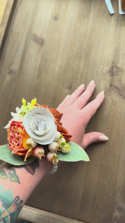 Handmade Literary Wrist Corsage and Boutonnière / Pocket Square| Recycled Book Page Flowers with Terracotta & Pearl Bracelet | Unique Prom, Homecoming & Bridesmaid Accessory