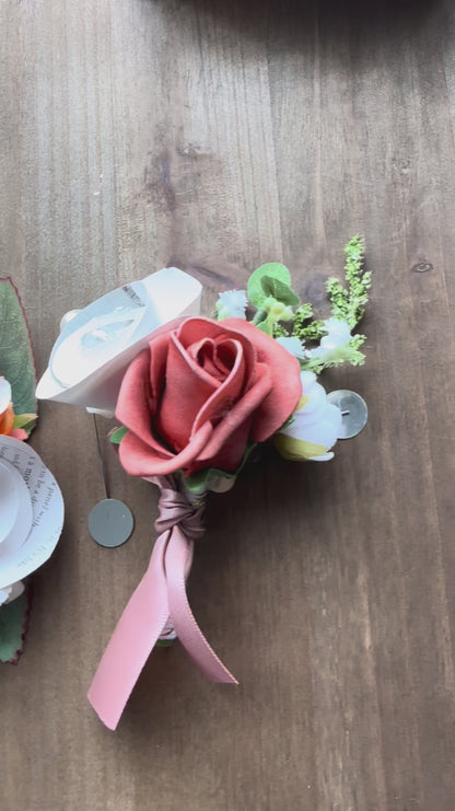 Handmade Literary Wrist Corsage and Boutonnière / Pocket Square| Recycled Book Page Flowers with Terracotta & Pearl Bracelet | Unique Prom, Homecoming & Bridesmaid Accessory