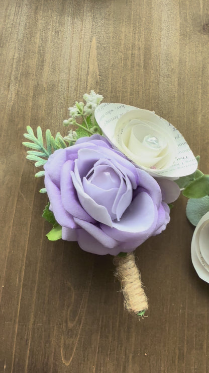 Handmade Literary Wrist Corsage and Boutonnière / Pocket Square| Recycled Book Page Flowers with Lavender & Pearl Bracelet | Unique Prom, Homecoming & Bridesmaid Accessory